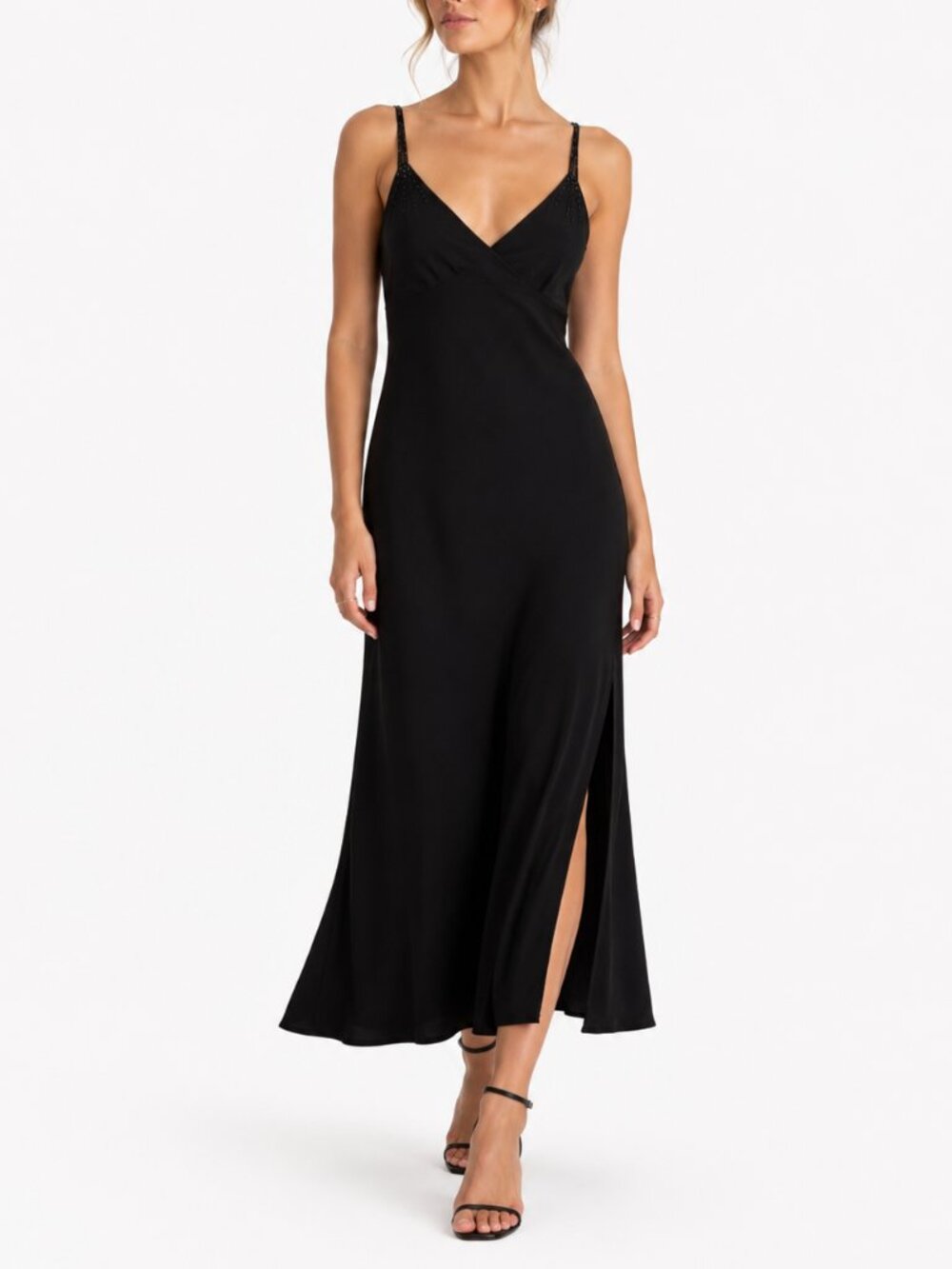 Vintage Jones Wear Black Beaded Strap Crepe Midi Maxi Cocktail Dress Size 10